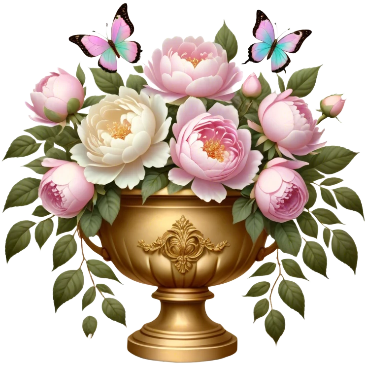 An antique-inspired floral arrangement in an opulent golden urn, overflowing with soft pink roses and voluminous white peonies, with iridescent pearl butterflies delicately fluttering around the petals, set against an aged parchment background. emoji