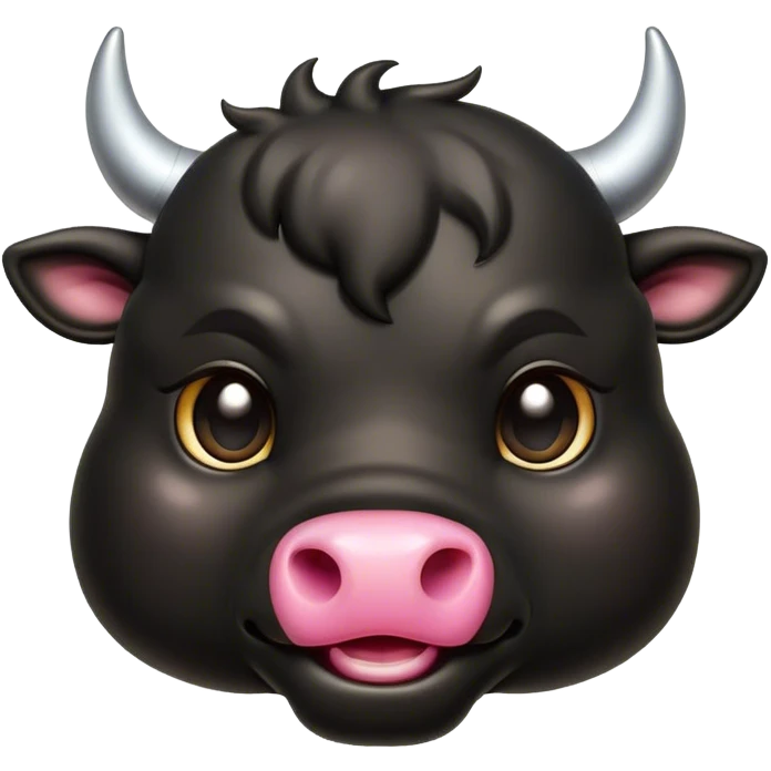 Cinematic Cute Black Bull Portrait Emoji, Head tilted playfully and inquisitively, featuring a glossy, robust black hide with a striking sheen, round, sparkling dark eyes filled with gentle curiosity, Simplified yet irresistibly adorable features, highly detailed, glowing with a warm, friendly glow, high shine, affectionate and imposing, stylized with a touch of rugged charm, bright and endearing, soft glowing outline, capturing the essence of a mischievous yet loving bull, so playful it feels like it could stomp out of the screen and into your arms! emoji