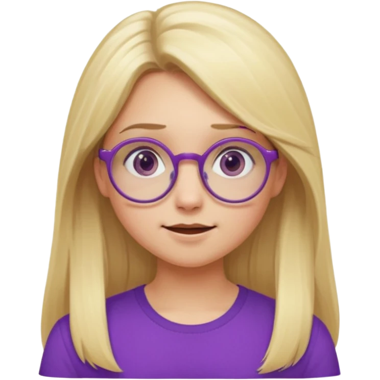 una chica rubia con el pelo largo, gafas redondas, vestida con un top morado, y con diferentes expresiones emoji