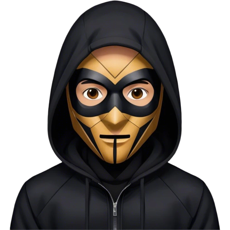 man with black hooded jacket and a only-black full-face geometric mask emoji