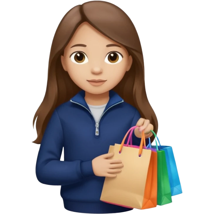A little girl (he usually calls her baby), who is obsessed with shopping and luxury brands and holds a dozen of bags, she wears navy blue half zip sweater and holds 10 bags and she has long brown hair  emoji