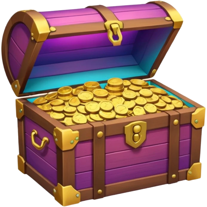 wooden brown treasure chest filled with coins pack in gradient of turquoise, blue, pink, purple, and coral emoji