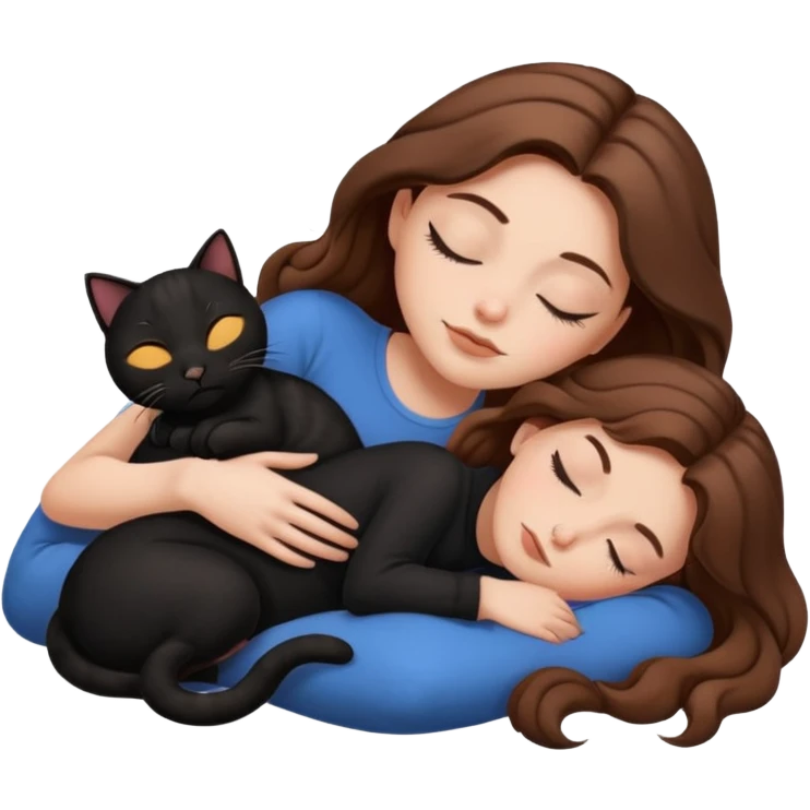 white girl with brown hair napping two black cats curled up beside her emoji style emoji