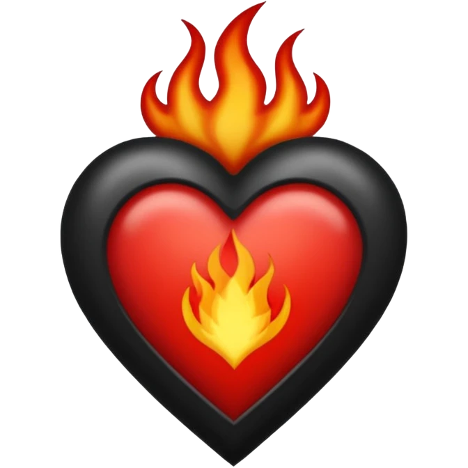 Black and red heart with small flames tattoo style emoji