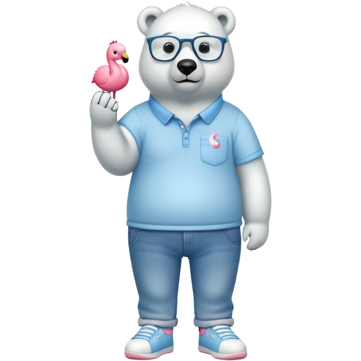 friendly anthropomorphised polar bear standing upright, chilled and unbothered, wearing a shirt, jeans, trainers, glasses decorated with small flamingo figures emoji