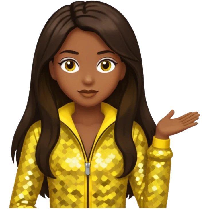 Sasha from Bratz with medium dark skin, long dark brown hair and yellow sequin outfit emoji