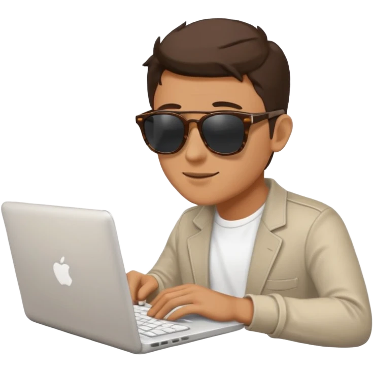man in sunglasses typing on a laptop with a coffee cup beside him emoji