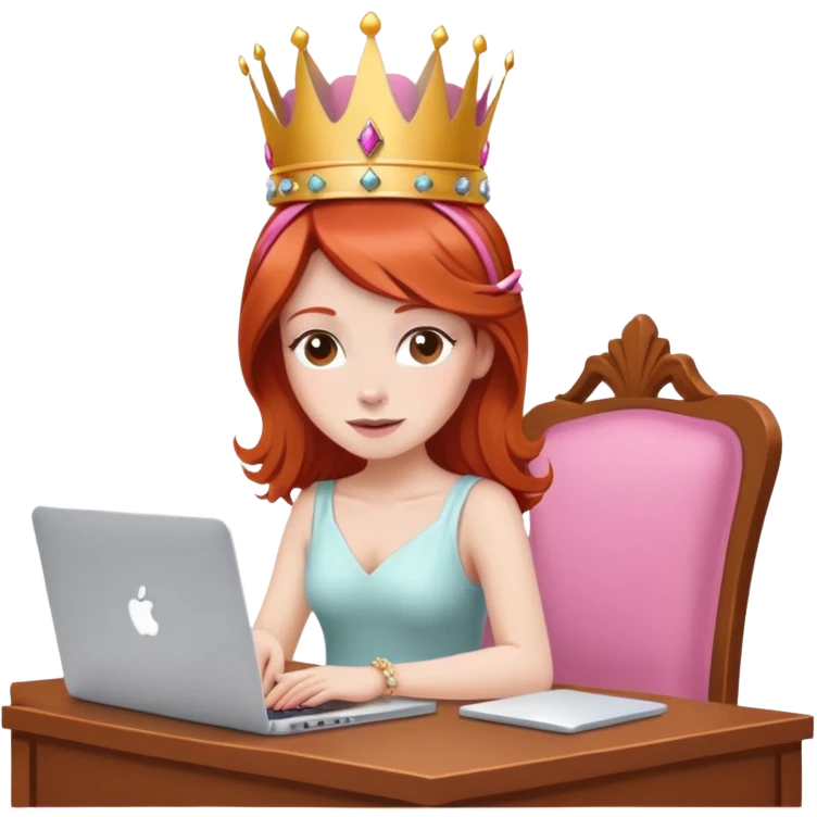 Redhead with crown on her head sat at the desk with MacBook and pink chair  emoji