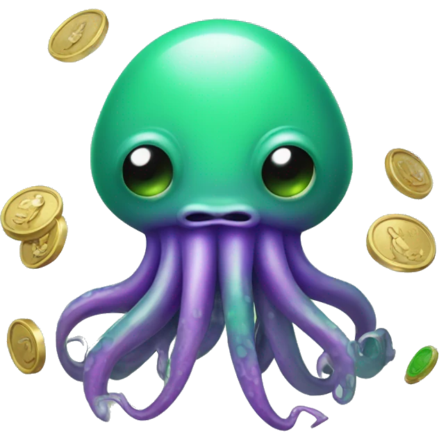 green and purple squid with coins emoji