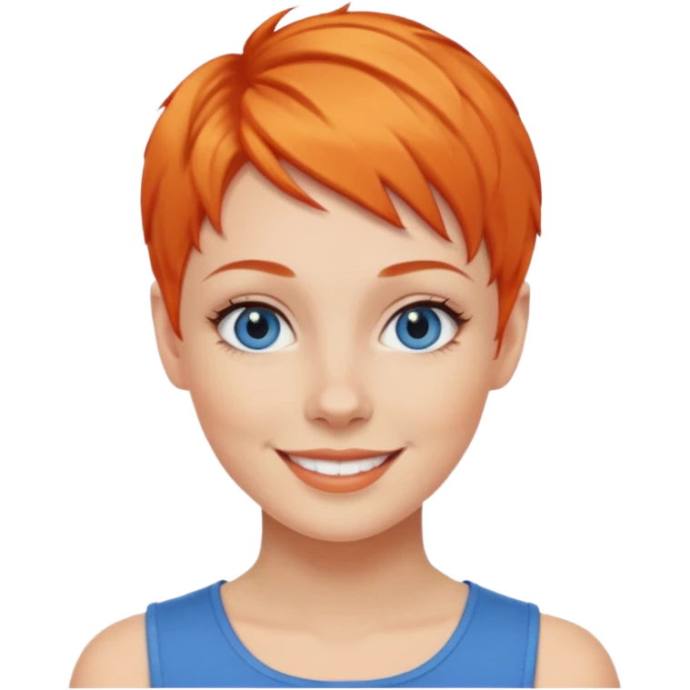 27 year old white woman, orange hair, pixie cut, blue eyes emoji