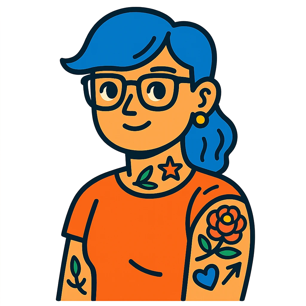 character with blue hair, glasses, and tattoos emoji