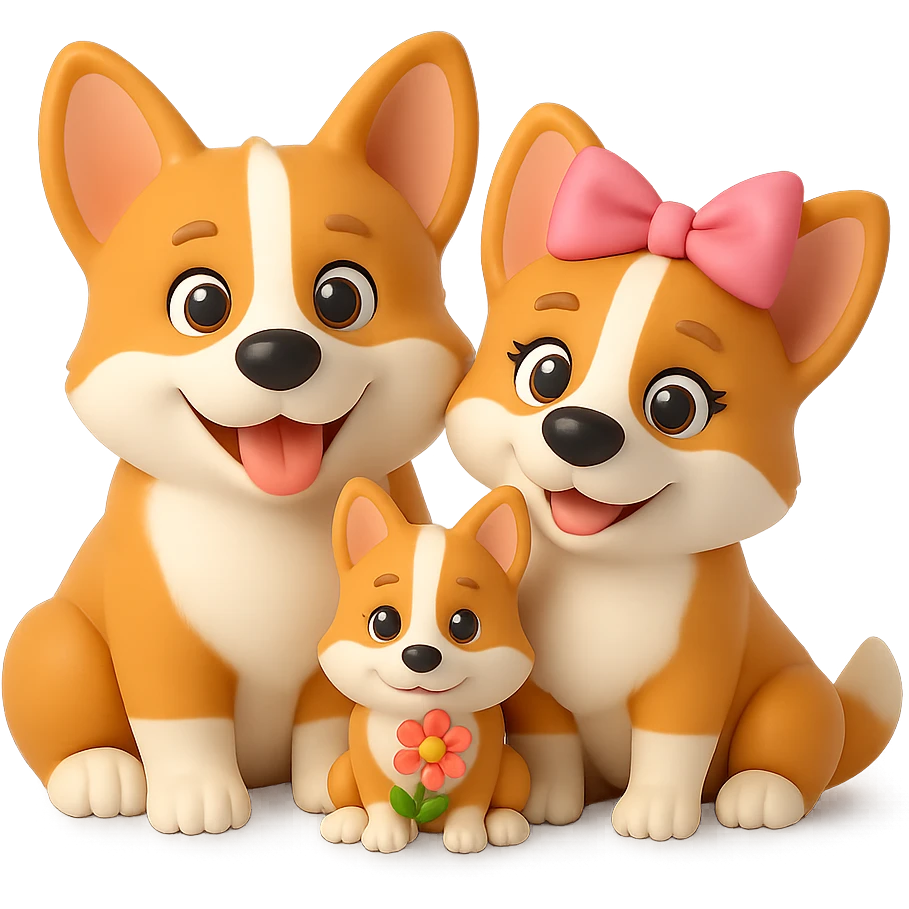 Remove the background and make it transparent while preserving the 3D emoji style of the corgi family. The style is similar to Microsoft style 3D fluent emojis, focusing on maintaining the 3D look and feel. emoji