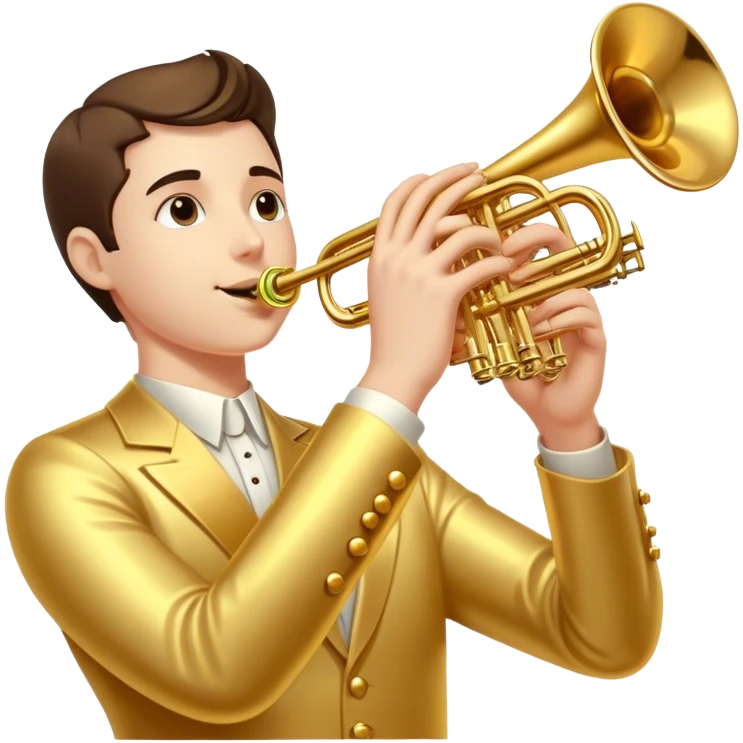 Cinematic Realistic Trumpet, polished brass with warm golden reflections, intricate valve details subtly highlighted, soft hands pressing the keys, glowing with bold and triumphant musical energy. emoji