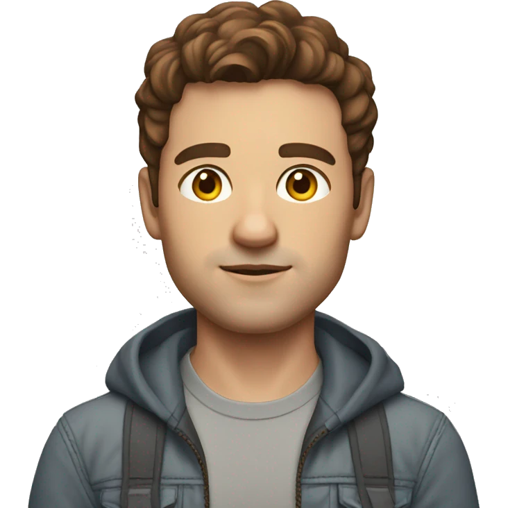 grown man with brown hair and bright skin in streatwear clothing facing to camera emoji