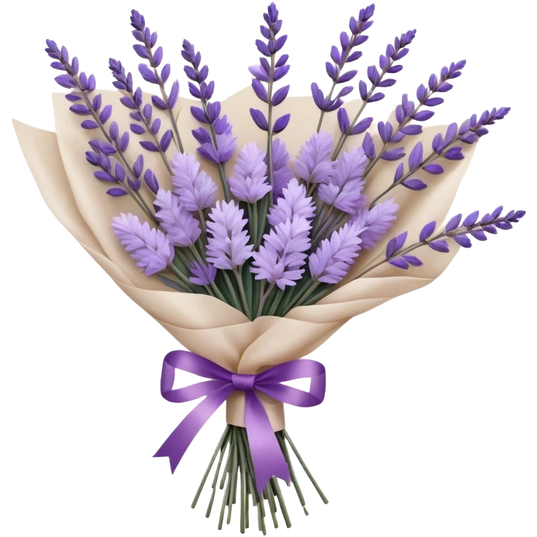 A delicate hand-tied lavender bouquet, featuring wisps of pale lilac and deep amethyst sprigs, is wrapped in parchment paper secured with a dusty plum ribbon. The gentle contrast of fresh and dried stems creates a soft, ethereal look, while the faint scent of lavender lingers like a nostalgic embrace from a bygone era.
 emoji