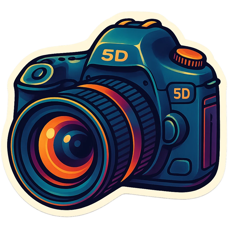 retro sticker style illustration of a DSLR camera with a large lens, inspired by Canon 5D Mark III, front angle, bold outlines, juicy colors, expressive shadows and highlights, playful and dimensional emoji