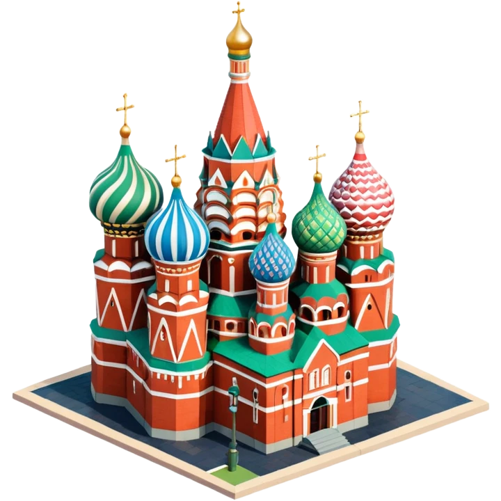 Isometric illustration of Moscow, featuring Saint Basil's Cathedral with colorful onion domes, hand-drawn painterly details, subtle texture on bricks and roofs, realistic shadows and soft lighting, muted yet vivid color palette, diorama miniature effect. emoji