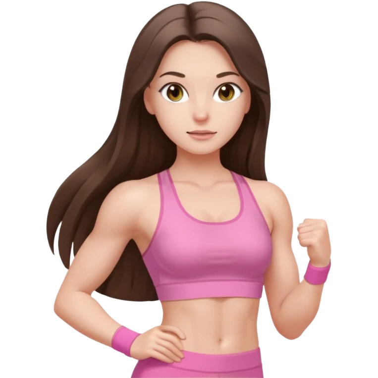 white brunette girl long hair with hazel eyes in light pink workout with abs emoji