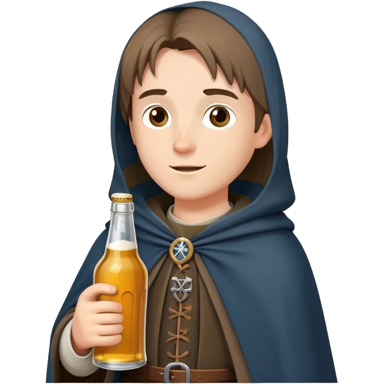 young medieval pilgrim with cloak and beer bottle emoji