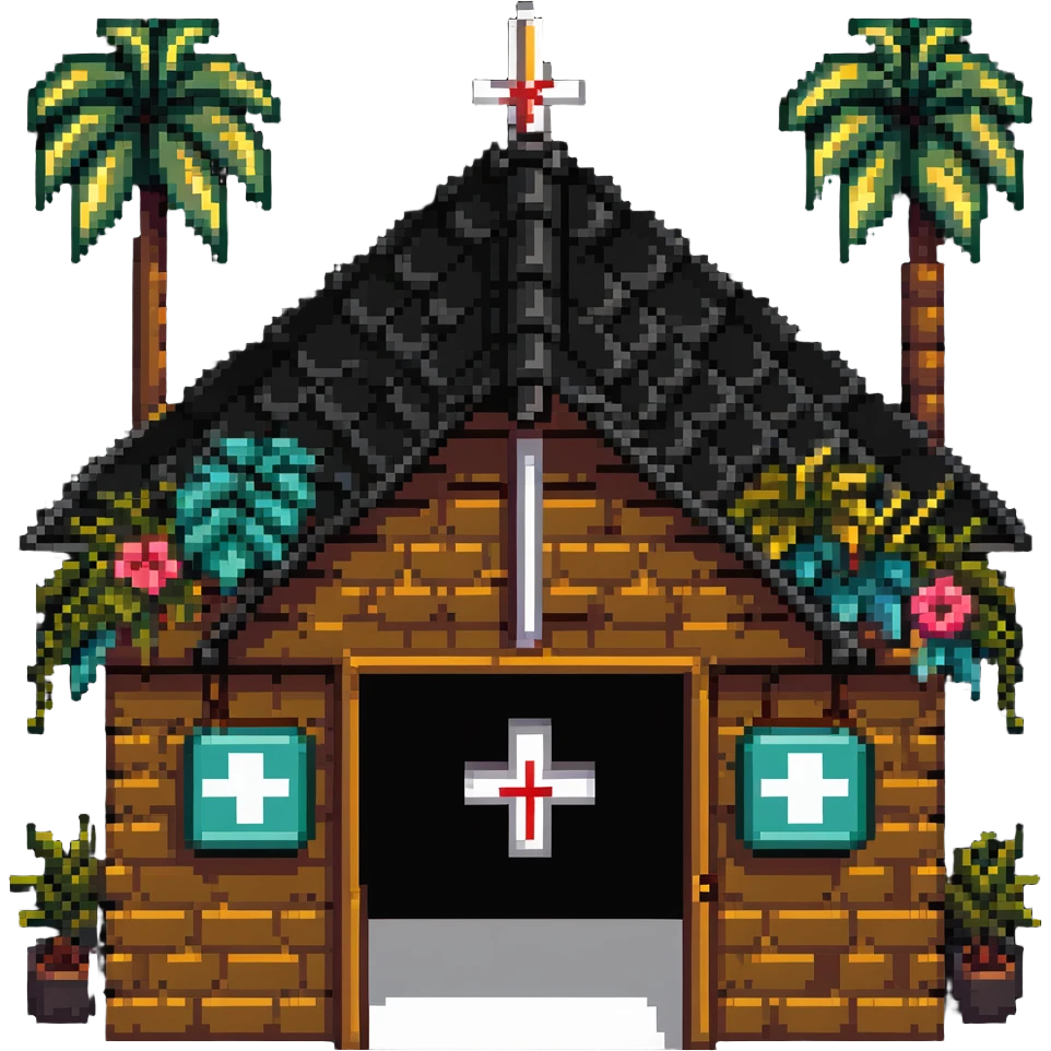Thai hospital with traditional ornate roof, medical symbol, tropical plants emoji