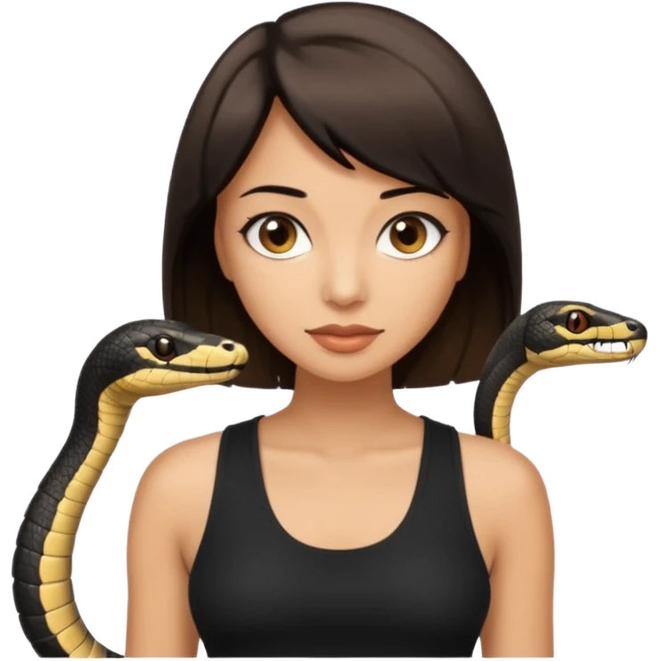 Femme brune yeux marron avec une coupe carré noir , femme couleur de peau typé, avec un cobra a côté , débardeur noir emoji