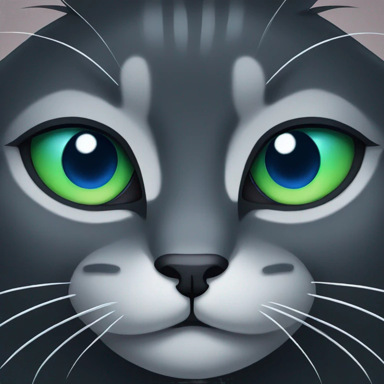 Solid Dark grey cat with blue, green eyes, looking pensive emoji