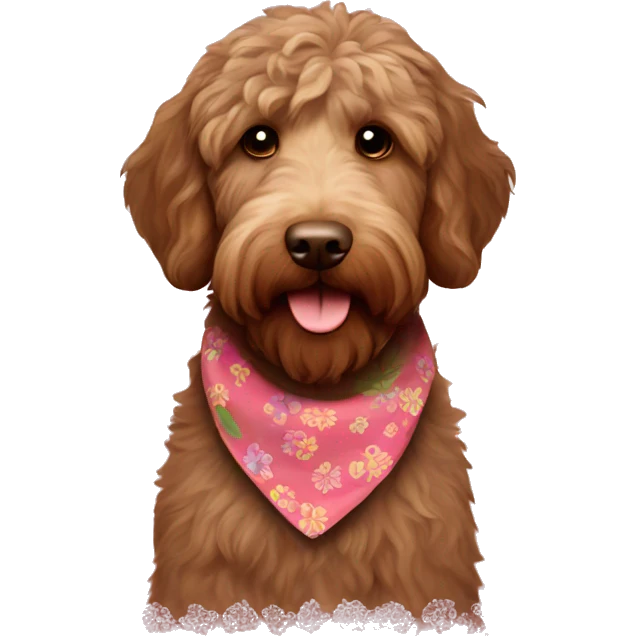 Brown labradoodle with a flower bandana emoji