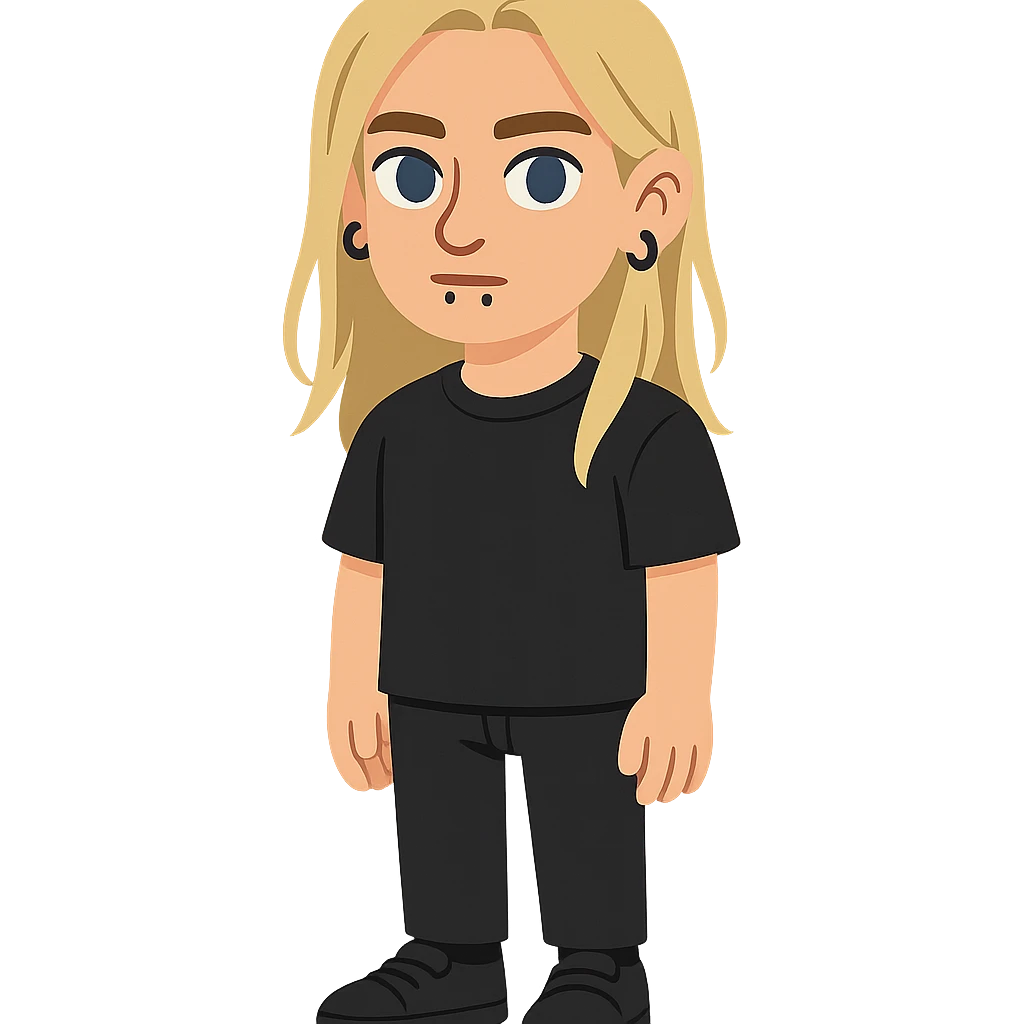 flat toon style boy with long light blonde hair, dark blue eyes, facial piercings, all black outfit emoji