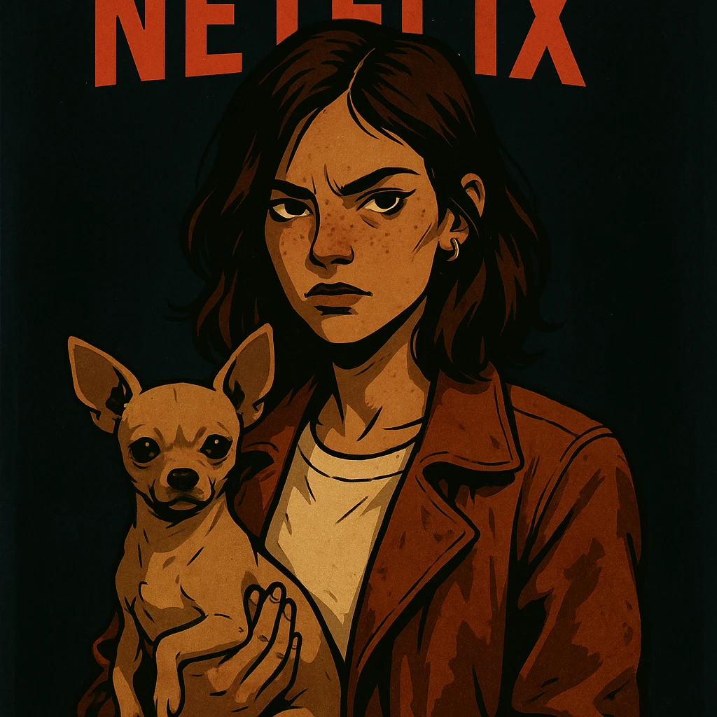stylized Netflix series, rebellious woman, tanned skin, freckles, shirt color #FFF8CA, rust jacket, medium-length brown auburn hair, holding beige-brown chihuahua, dark background, mysterious atmosphere emoji