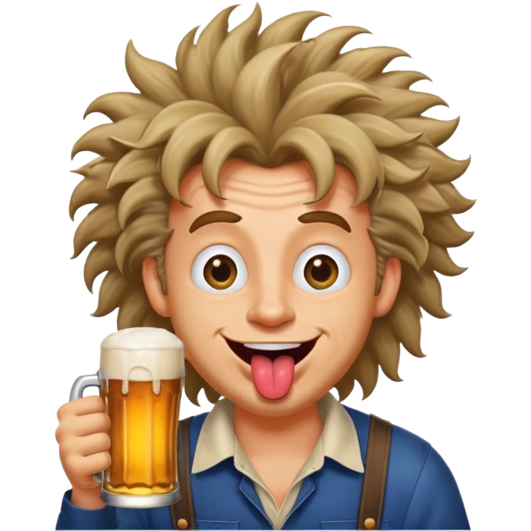 cartoon man with a big smile, crossed eyes, tongue out, wild hair sticking up, beer in hand, looking absolutely bonkers emoji