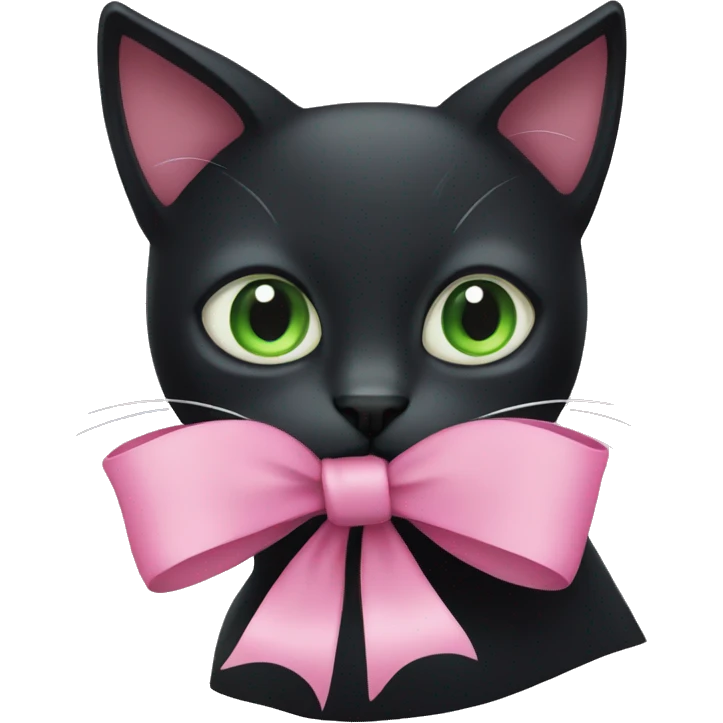 black cat with white markings, green eyes, long eyelashes. with a big pink bow  emoji
