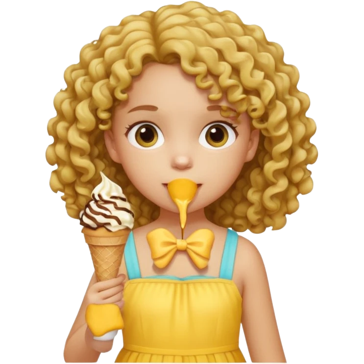 a little girl kid with curly hair, yellow dress, eat ice cream emoji