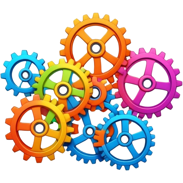 Set of colorful interlocked gears turning together in a system emoji