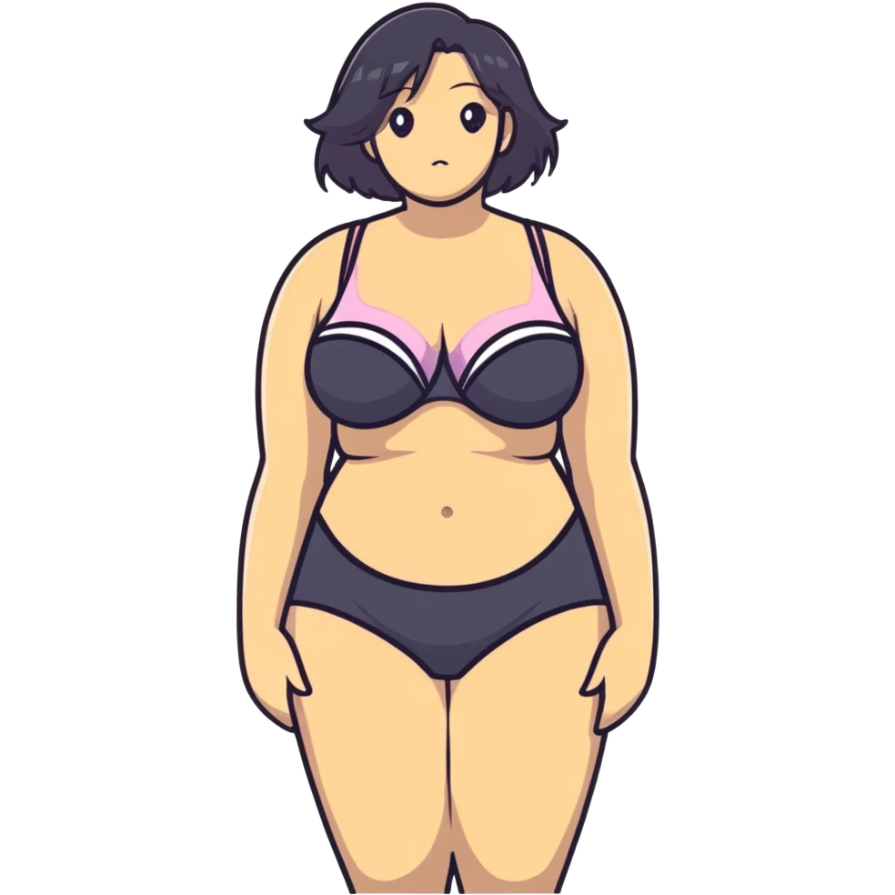 anime style woman with exaggerated proportions, large chest, wearing a bra emoji