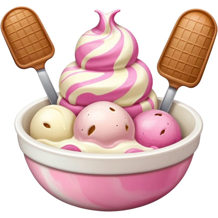 White, brown, and pink ice cream scoops in a bowl emoji