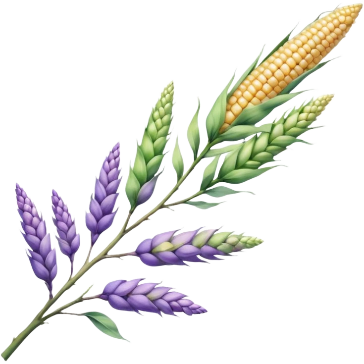 The art style is clean line art with delicate watercolor textures, pastel colors, and a dominant palette of lavender, soft lilac, and muted purple. Let the branch be more elongated and have short branches on it like ears of corn. emoji