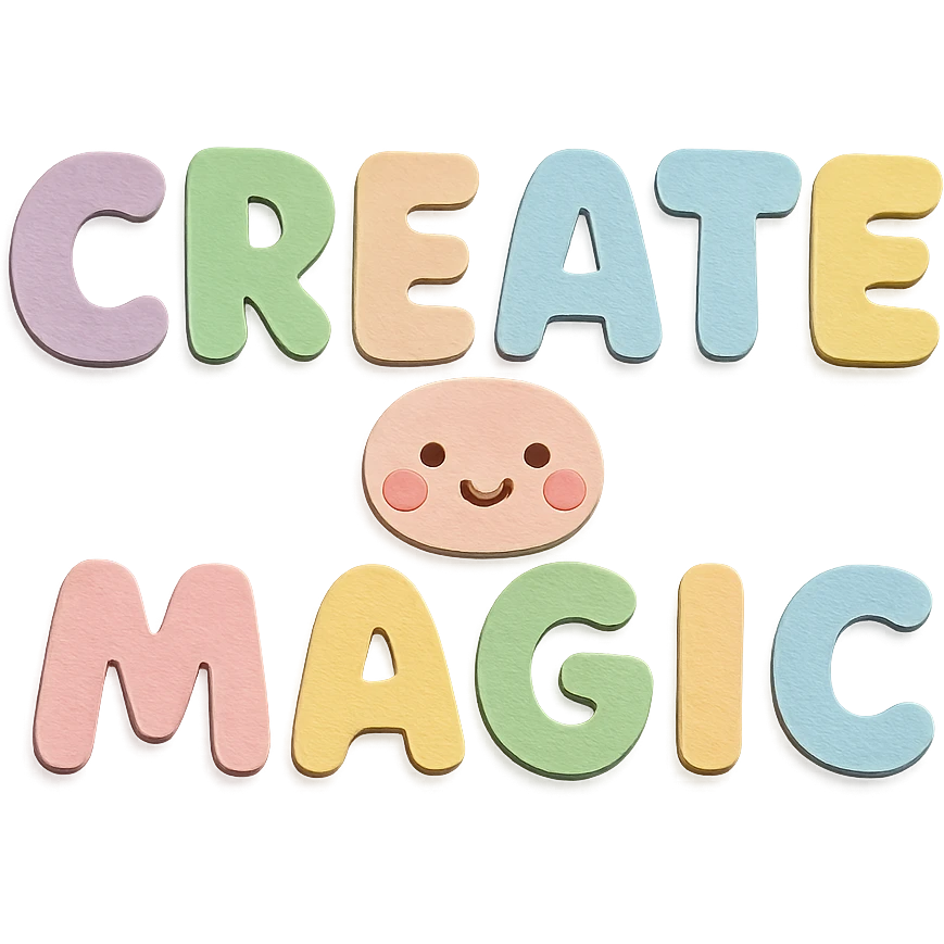 "Create Magic" in soft pastel rainbow chubby rounded letters, cute kawaii style, no frame, transparent background emoji