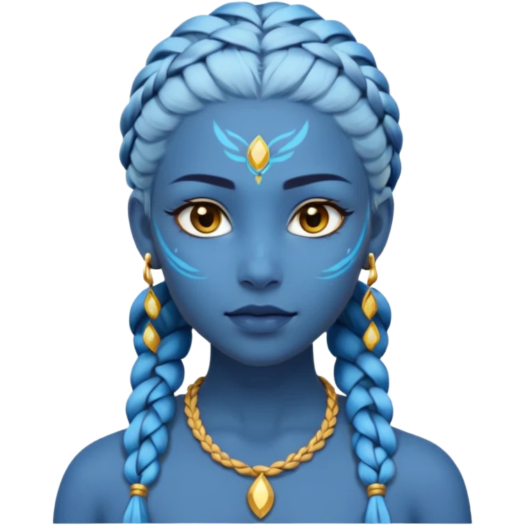 Draw a Na’vi female with glowing blue skin, white forehead markings, braided hair, gold earrings & a calm gaze. emoji
