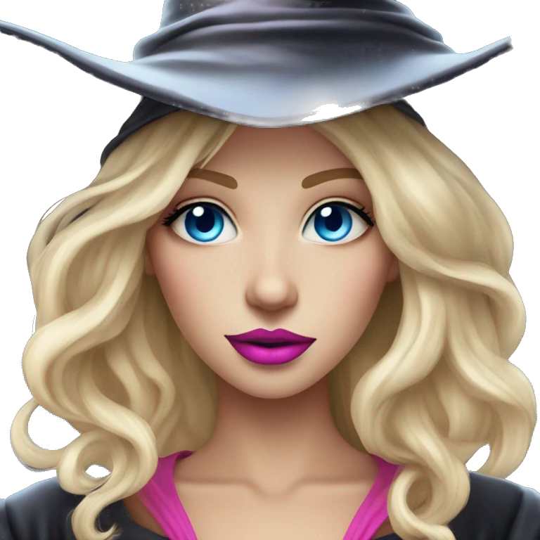 Beautiful blonde blue eyed witch with pink lips wearing witch hat emoji