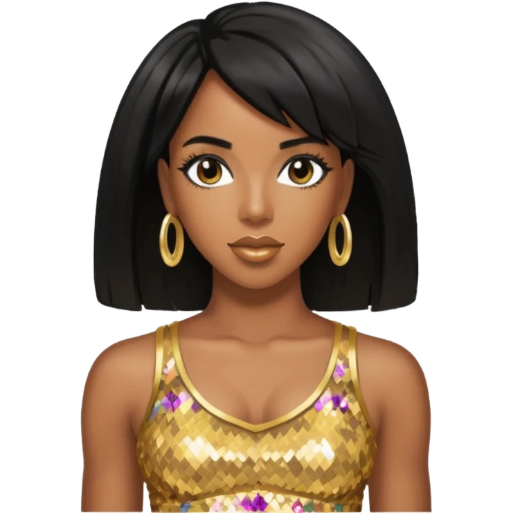 Kelly Rowland with black hair, gold sequin crop top  emoji