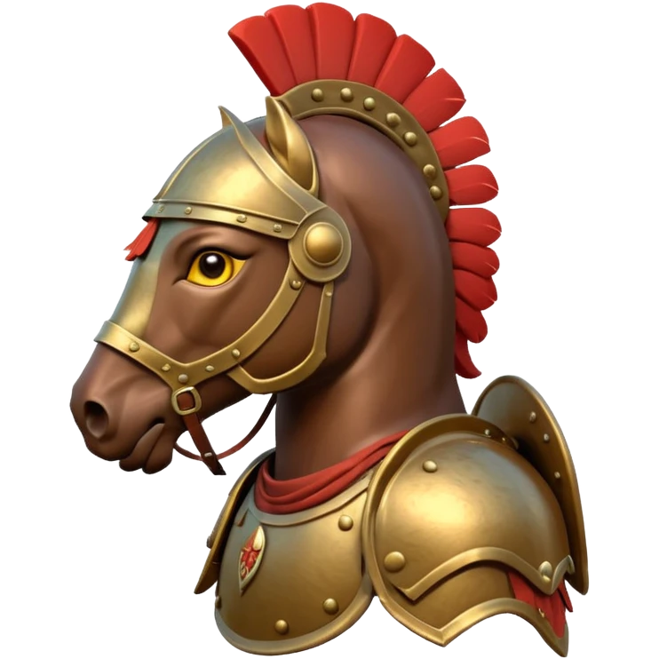 An emoji of a powerful Roman warhorse in full armor, with a feathered helmet. emoji