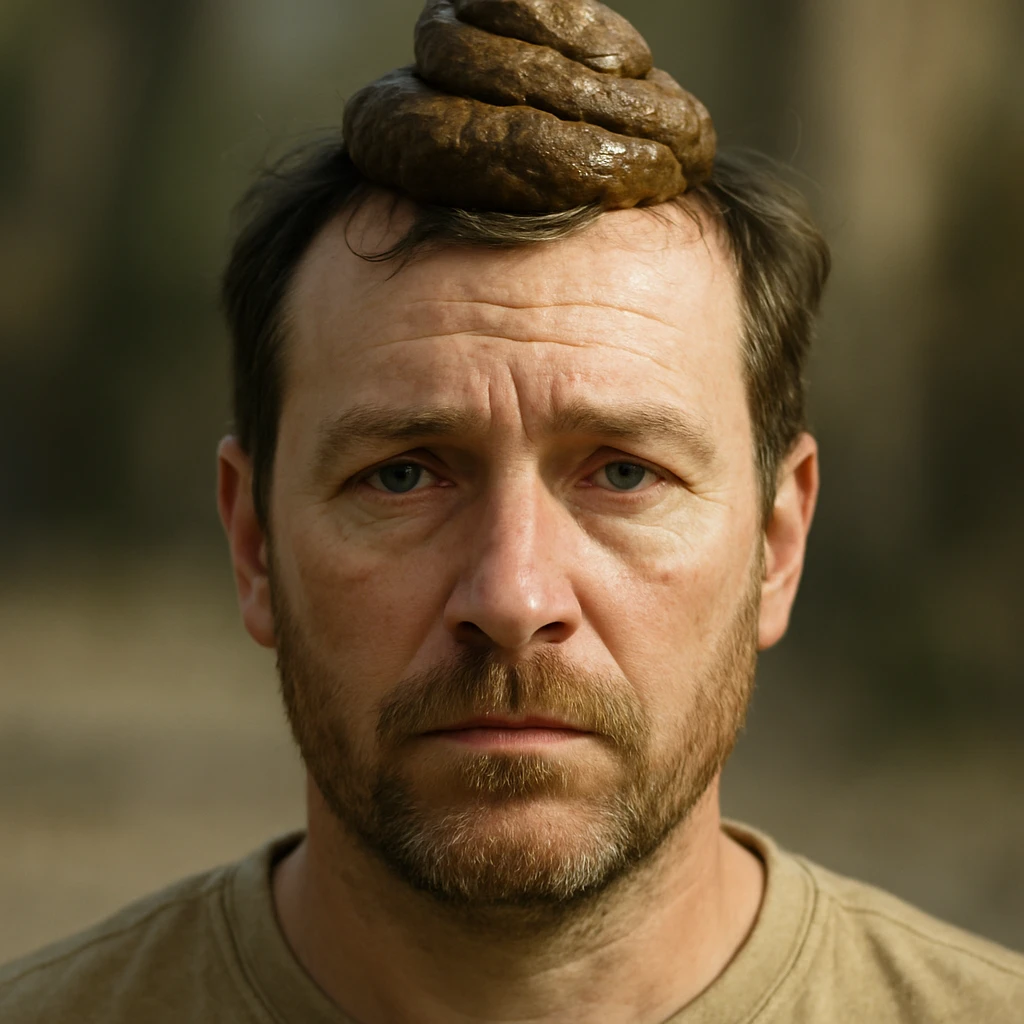 realistic illustration of a man with poop on his head, detailed facial features, natural lighting, no cartoon elements emoji