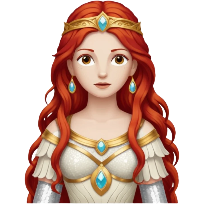 Minerva, Goddess of Wisdom from Gods and Goddesses with long red hair, ivory sequin outfit emoji