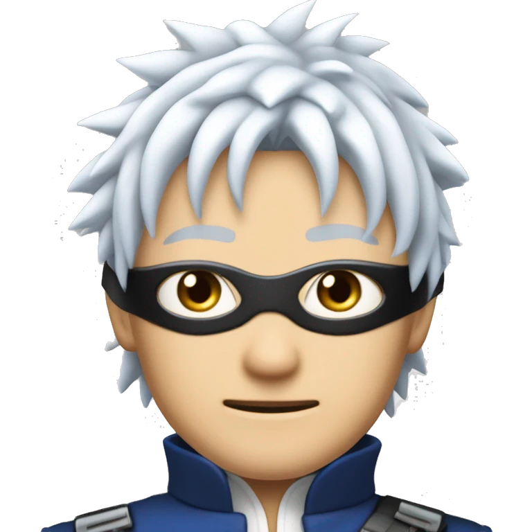 Satoru Gojo has spiky white hair with a slight blue tint and wears a black blindfold over his vivid blue eyes. He has a tall, lean build and typically wears a high-collared dark outfit, giving him a sharp and cool appearance. emoji