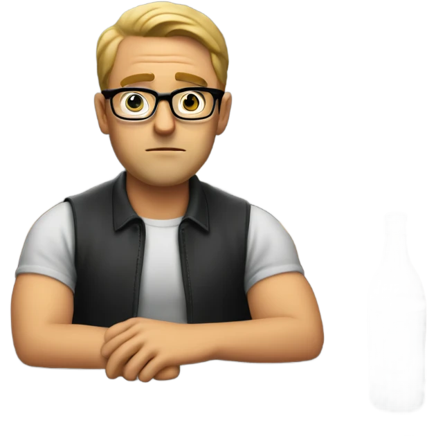 White man with glasses sitting in a bar/restaurant sitting at a high top table staring into the corner of the restaurant with a small tv looking hopeless  emoji