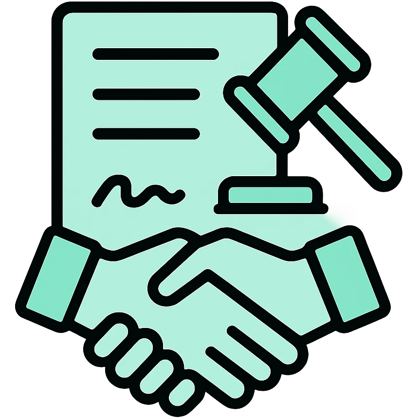 Contract document with gavel and handshake, fluid dimensional design, techy style, black outlines with mint green #B5F4D3 accents emoji