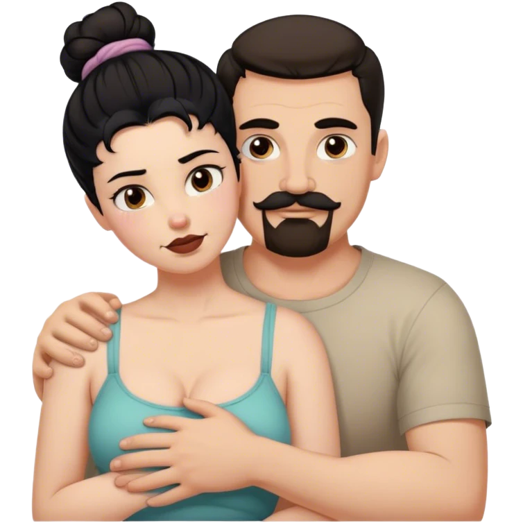 Tall strong white man with brown mustache goatee hugging a chubby short pale woman with messy black hair bun emoji