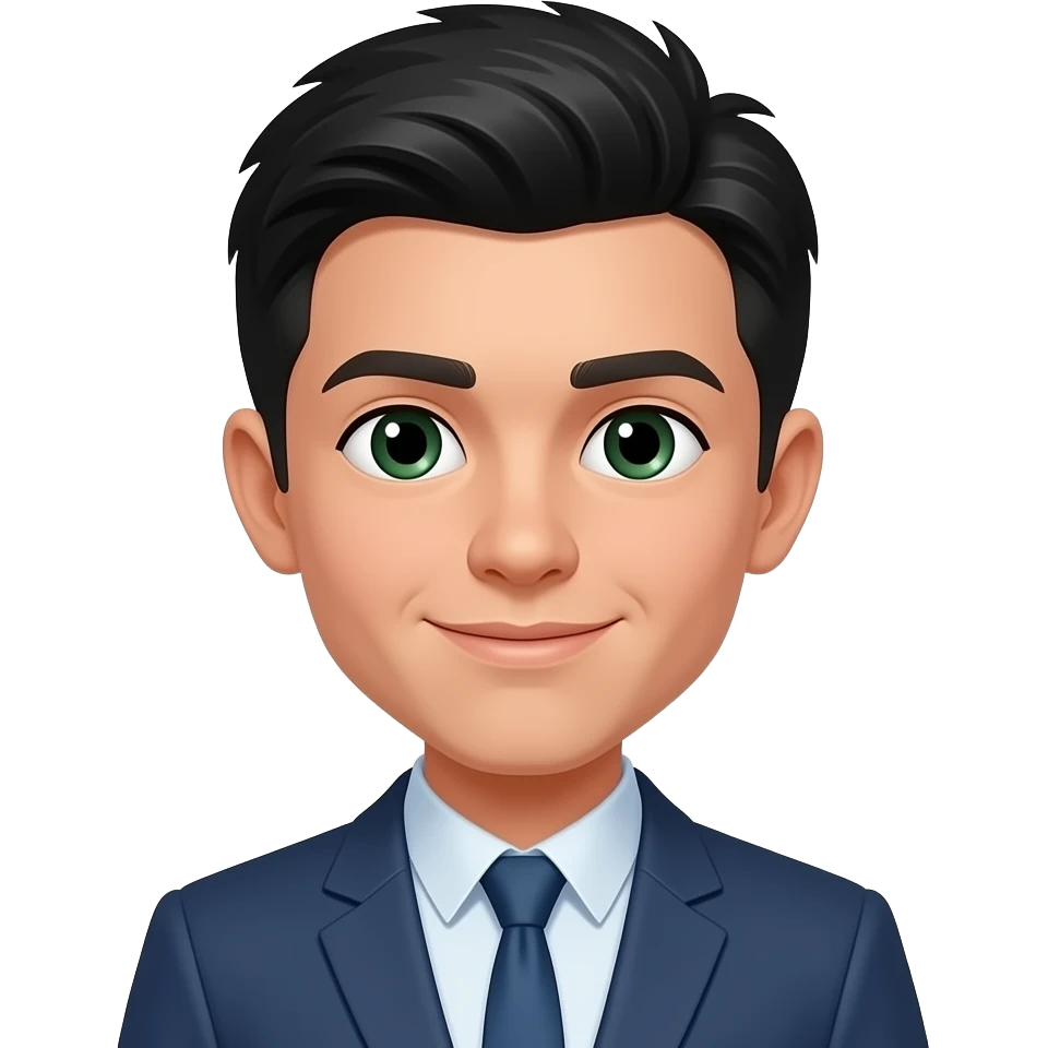 Chico estilo emoticono de WhatsApp, cara con medio cuerpo. Chico trabaja informatico con pelo un tupe corto negro, piel clara y ojos verde oscuro. emoji