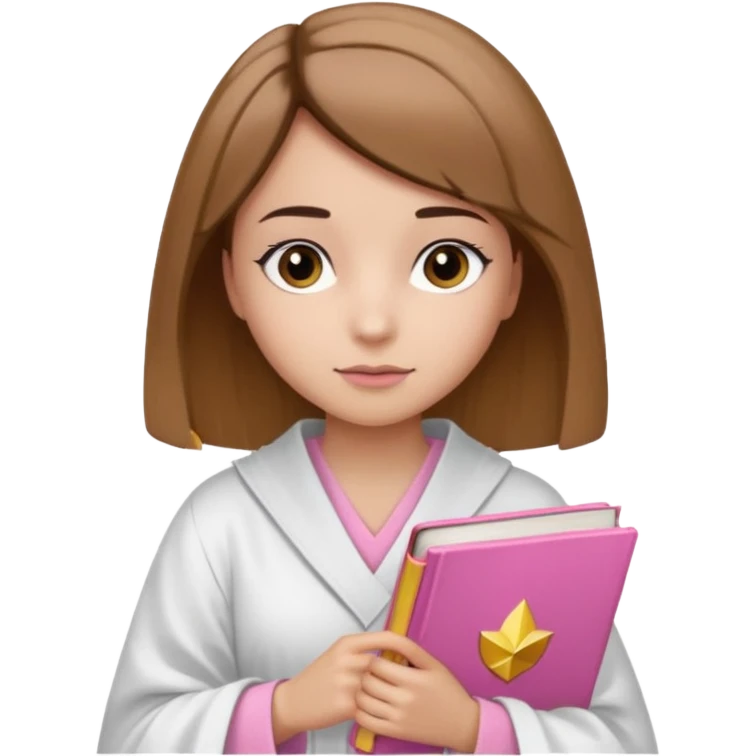 Девушка с короткими волосами до плеч русого цвета, с черными бровями, карие глаза, у неё белый халат, в руках она держит розовую книгу emoji