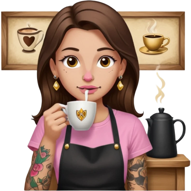 Fille cheveux long châtain, peau beige type européen yeux marron, teeshirt rose avec un tablier noir, piercing au nez anneau doré, boucle d’oreille diamant doré. Elle boit un café Tatouage à la gorge emoji
